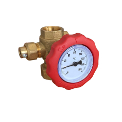 Kugelhahn mit Thermometer rot 1 Zoll IG x 1 1/2 Zoll Überwurfmutter
